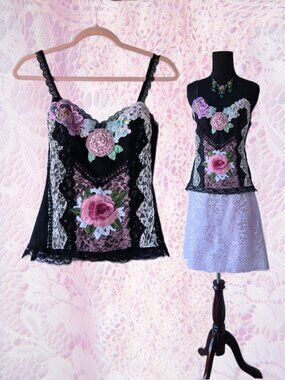 Handmade Black Lace Cami Top With Pink Rose Embroidery  Romantic Coquette Small